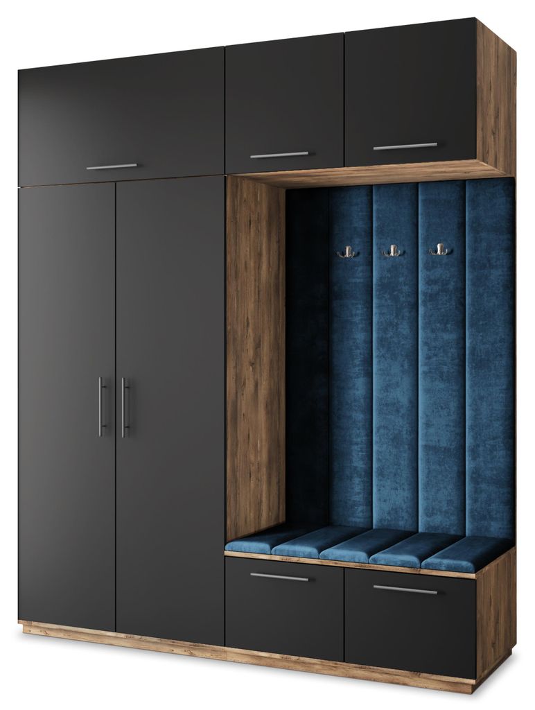 Masseno Garderobe-Set REMA 200/240/60 cm Modern Garderobenschrank Eiche Lefkas, Veloursstoff MONOLITH 77 (Blau)