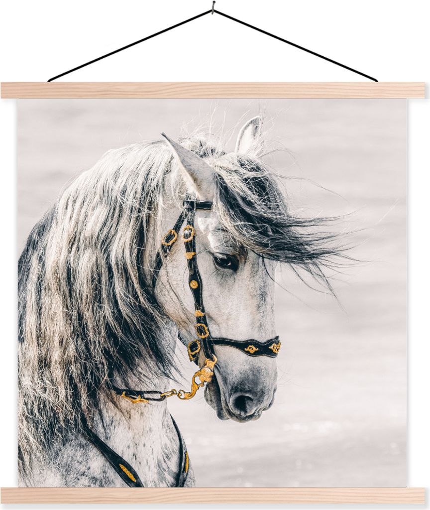 MuchoWow Textilposter Pferd - Weiß - Gold 40x40 cm mit holzfarbenen Rahmen - Posterleiste