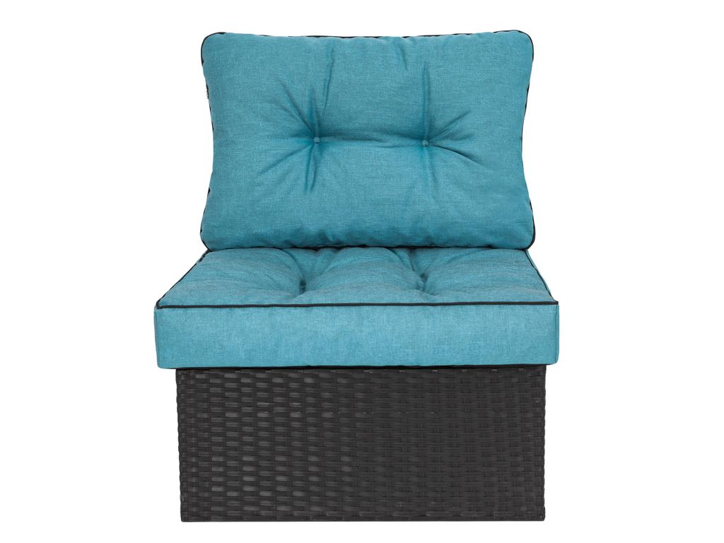 A close-up studio shot of a blue cushion set for outdoor furniture.