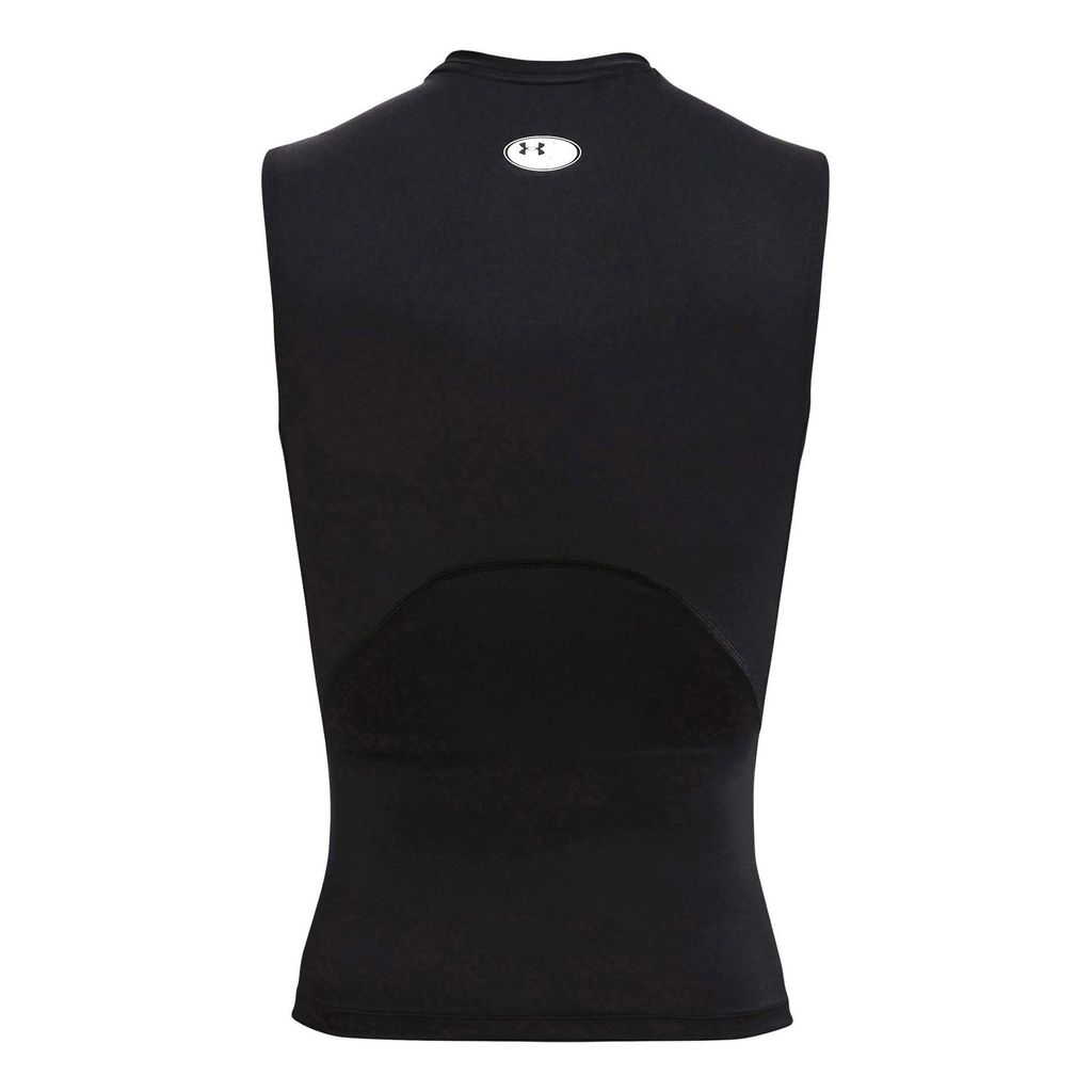 The back of a black sleeveless fitness t-shirt with a white logo on the upper back.