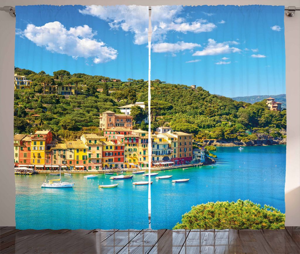 ABAKUHAUS Italien Rustikaler Gardine, Portofino Panoramablick, Schlafzimmer Kräuselband Vorhang mit Schlaufen und Haken, 280 x 225 cm, Gelb Grün ...