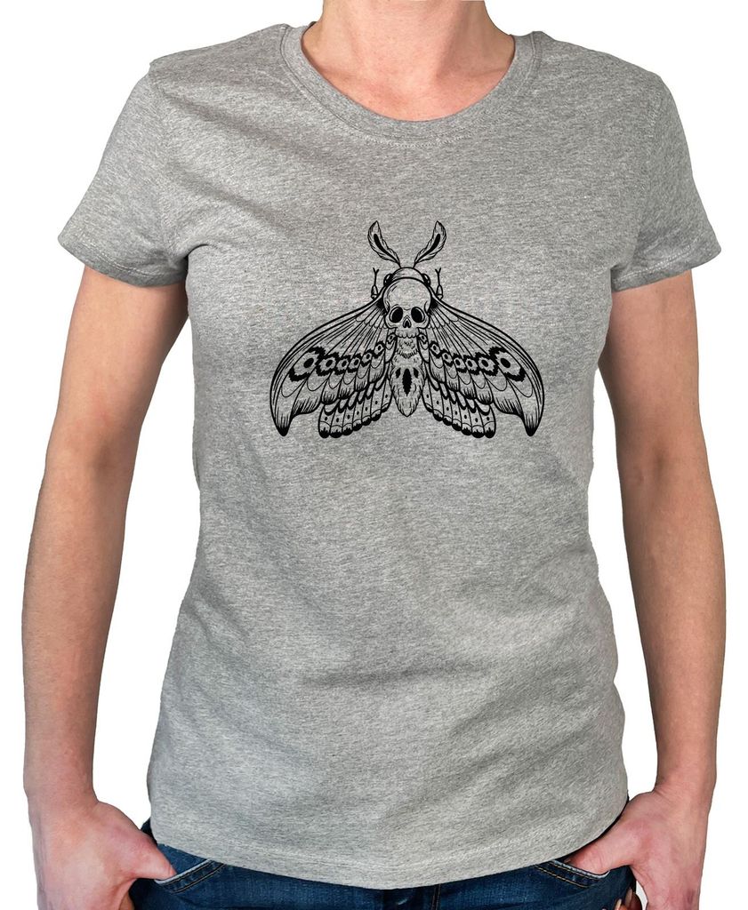 Huuraa Damen T-Shirt Totenkopfschwärmer Motte XL Sport Grey Bio Baumwolle Fairtrade Damenshirt Geschenkidee