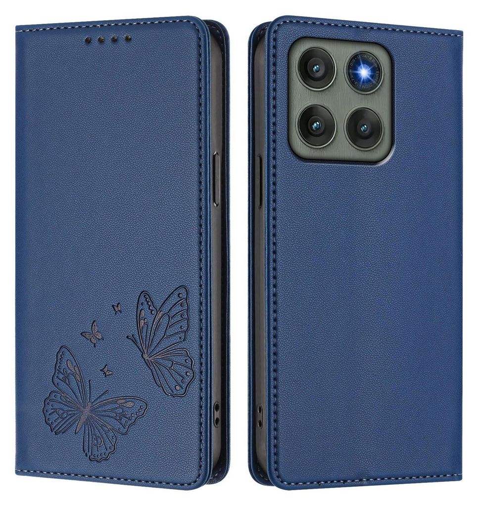 Lederhülle für Motorola Edge 60 Pro, Schmetterling Prägung Leder Brieftasche Schutzhülle mit Ständer Dunkelblau