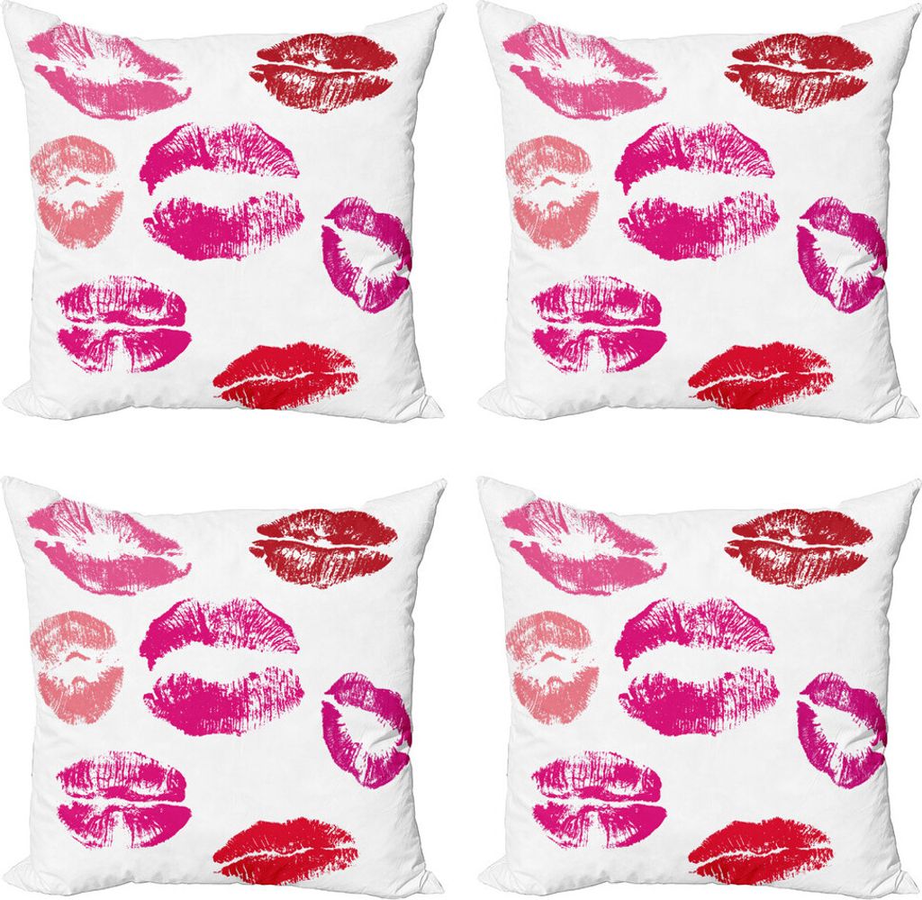 ABAKUHAUS Kuss Kissenbezug Set (4 Stück), Grunge Looking Lippenstift, Moderner Doppelseitiger Digitaldruck, 50 cm x 50 cm, Fuchsia Rose Rubin