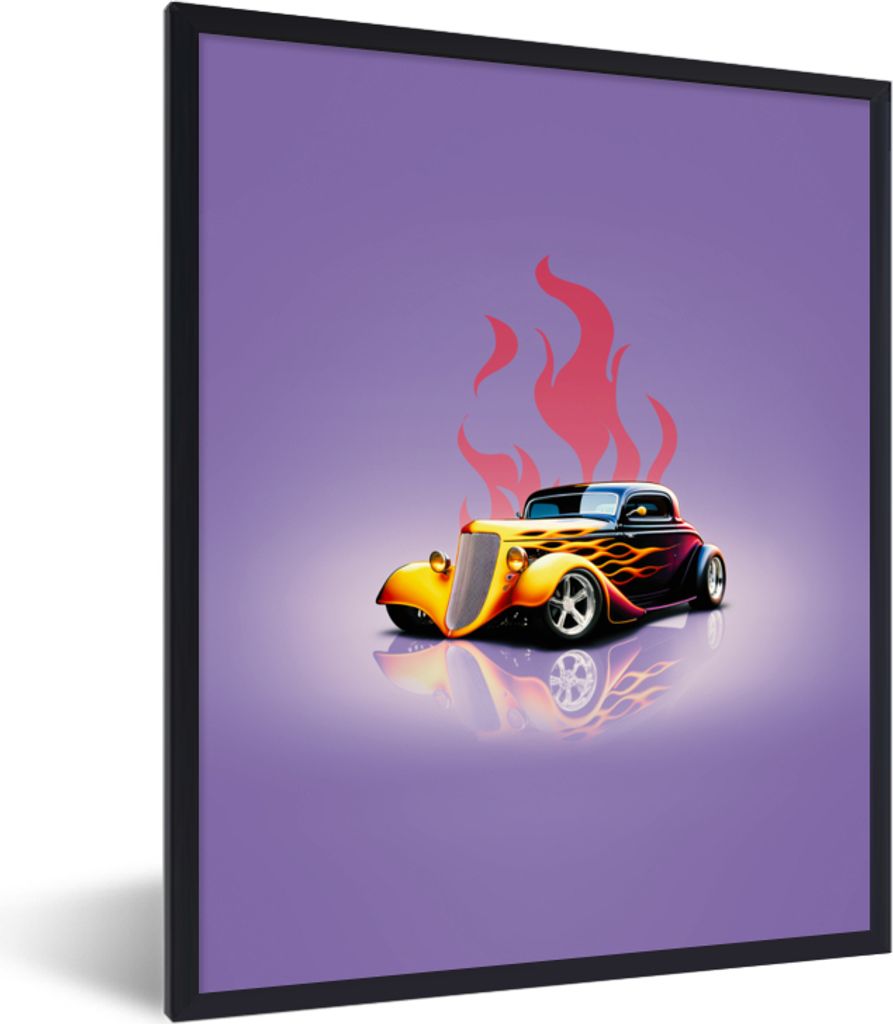 MuchoWow Gerahmtes Poster Auto - Lila - Flammen - Vintage 60x80 cm - Poster mit Schwarzem Bilderrahmen Wandposter Rahmen Foto Bilder - Premium - ...