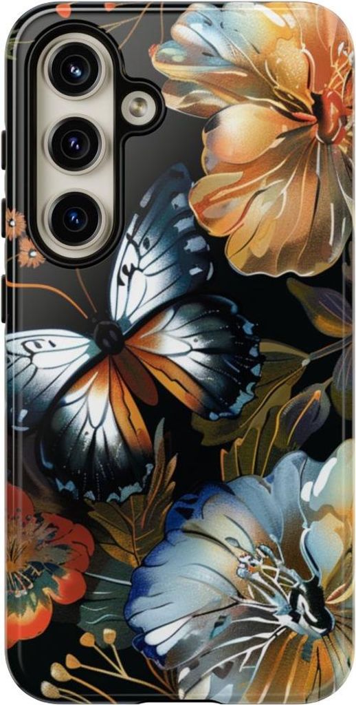 Schmetterlinge und Blumenmuster auf Schwarz – Hülle Kompatibel mit Samsung Galaxy S24