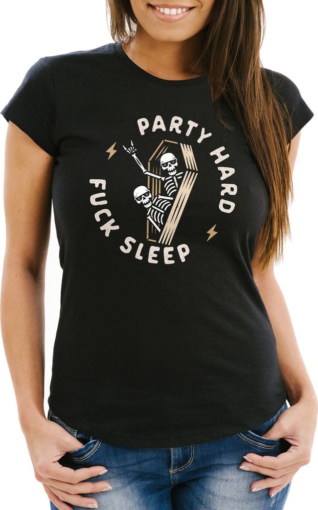 Damen T-Shirt Spruch Party Hard Fuck Sleep Motiv-Print Skelett Skeleton Sarg Slim Fit Neverless schwarz XXL