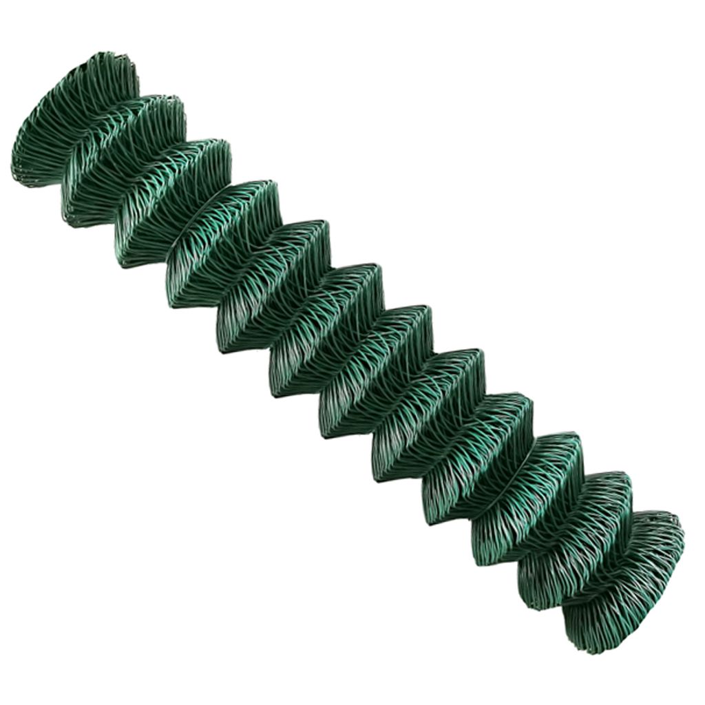 A green wire mesh fence roll, coiled and presented diagonally against a white background.