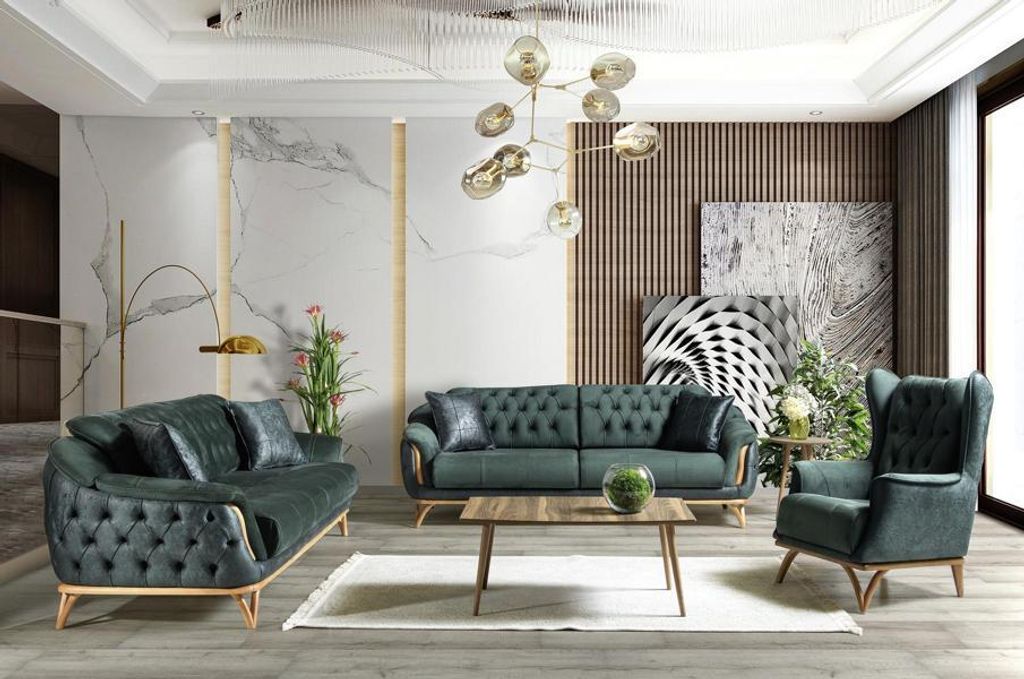 Hochwertig Couchgarnitur Dreisitzer Sessel Couch Polstersofa Stoffsofa Grün 3tlg