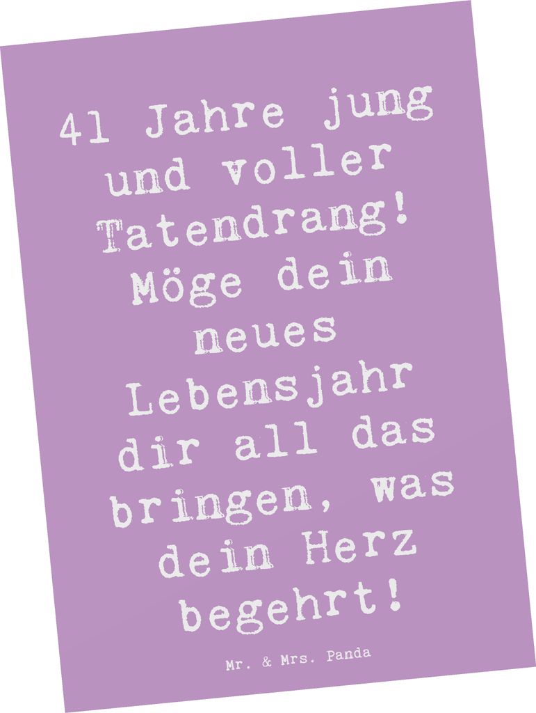 Mr. & Mrs. Panda Postkarte Spruch 41. Geburtstag Tatendrang - Lavendeltraum - Geschenk, Glückwunsch, Grußkarte, Geburtstagsfeier, Mittvierziger, ...