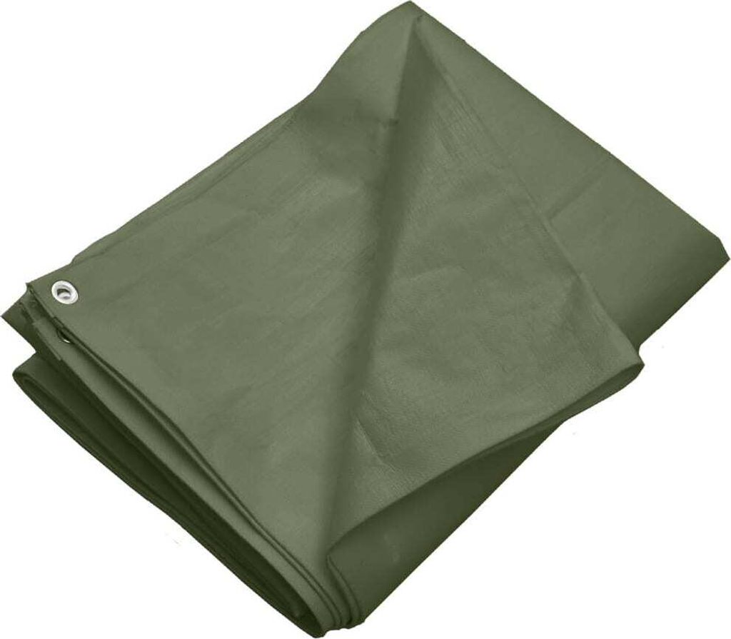 A folded green tarp is shown against a white background.