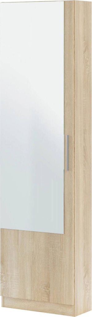 Schuhschrank Eugene, Hoher Schuhschrank mit 1 Tür, Moderner Schuhschrank, Eingangsgarderobe mit Spiegel, 50x22h180 cm, Eiche