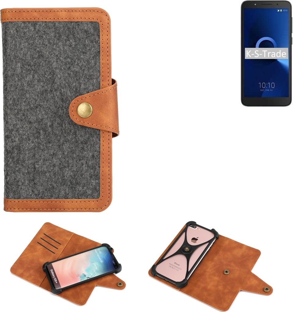 K-S-Trade Schutzhülle Handyhülle kompatibel mit Alcatel 1C Dual SIM Filz Hülle Kunst-Leder dunkelgrau braun (1x)