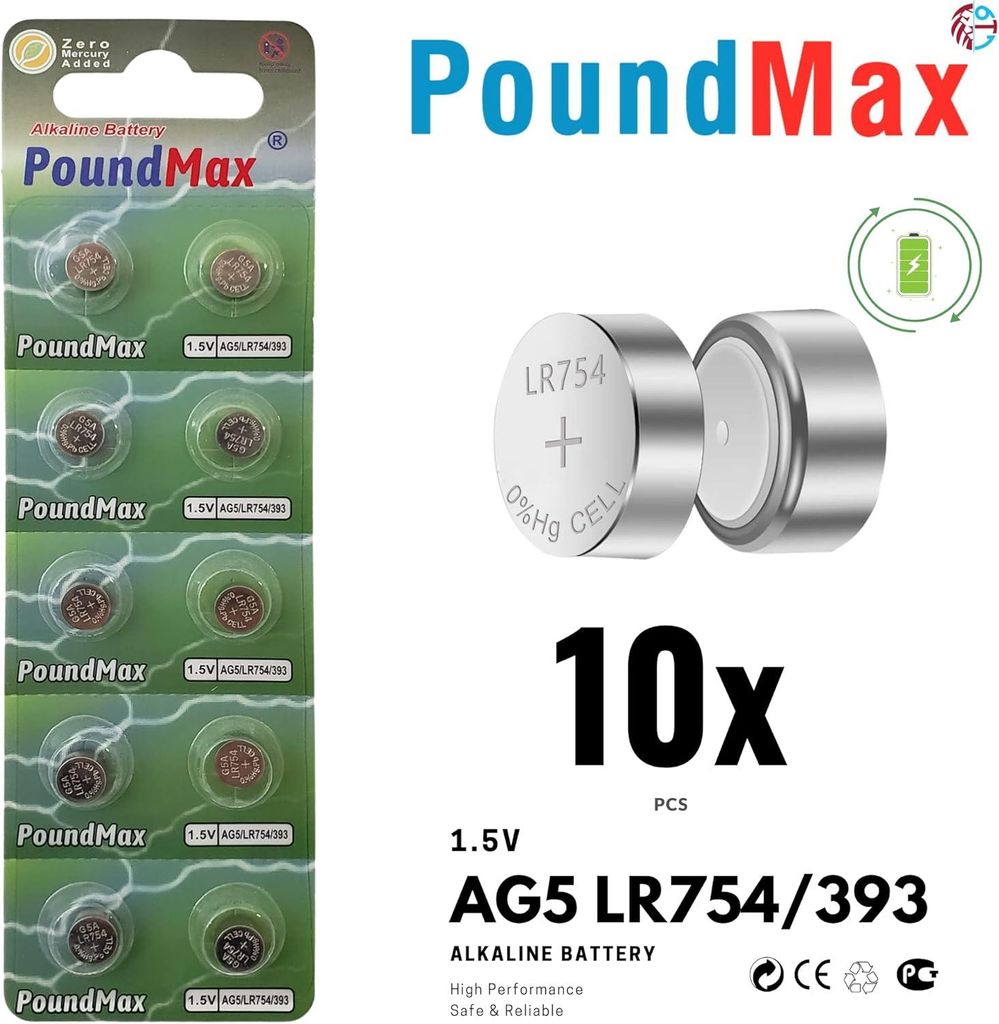 10 batterie alcaline a bottone AG5 LR754 LR750 LR754W 393 Immagine del prodotto 