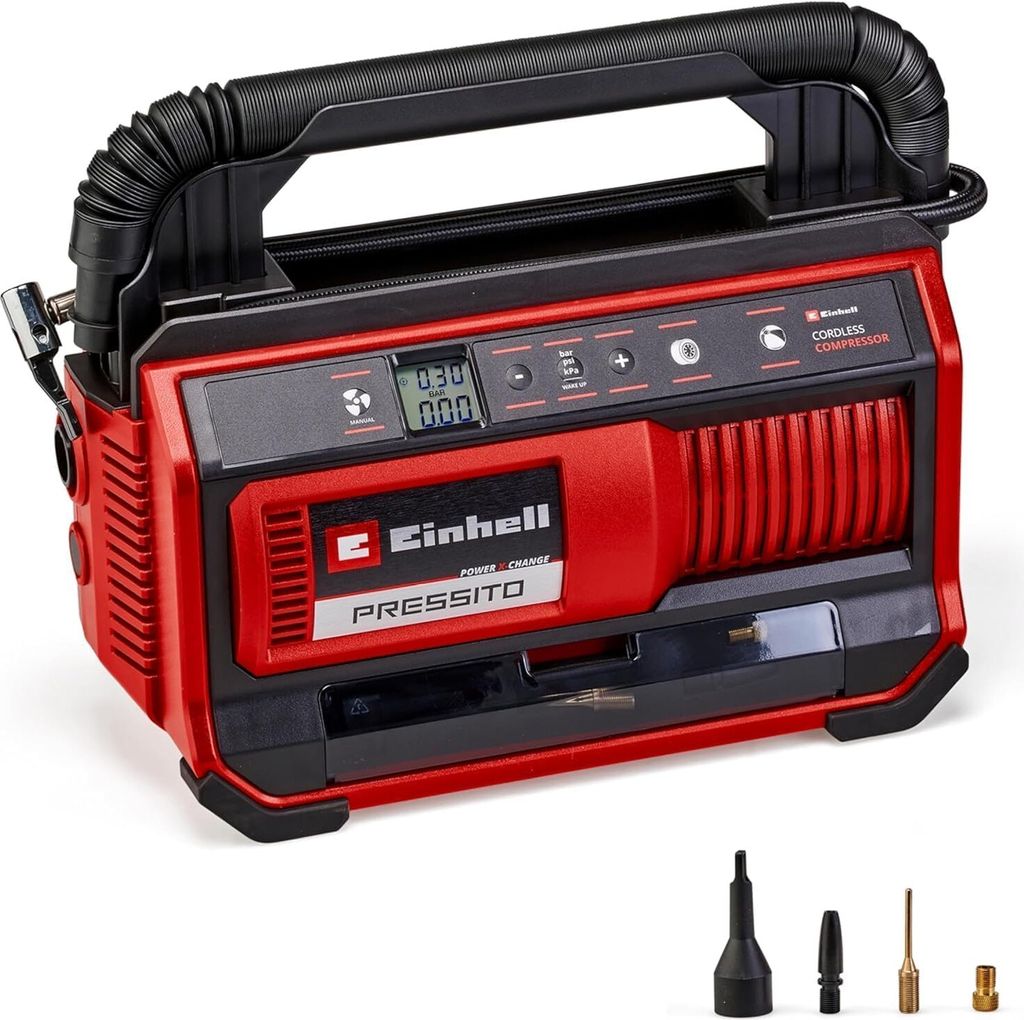 A red and black Einhell cordless compressor is shown against a white background, with several small nozzles displayed in the foreground.