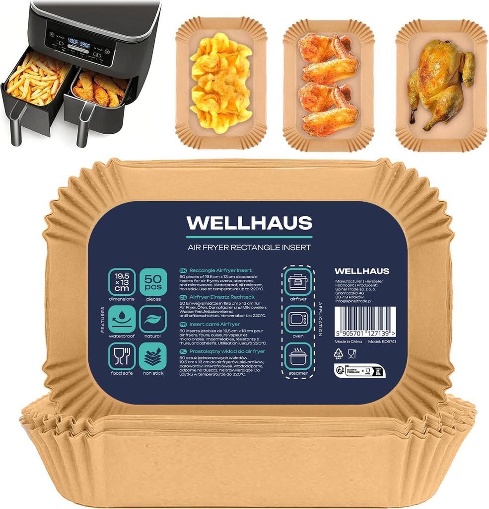WELLHAUS Airfryer Einlagen 195x130 mm 50 Stück Silikonbeschichtet Air fryer Backpapier Antihaft Einwegschalen Luftfritteuse Pergamentpapier