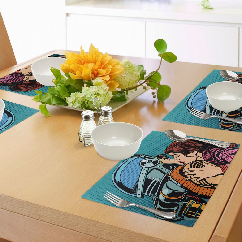 ABAKUHAUS Liebe Platzmatten, Astronaut küsst Seine Frau Illustration Vintage Pop Art Retro-Stil drucken, Tiscjdeco aus Farbfesten Stoff für das E...