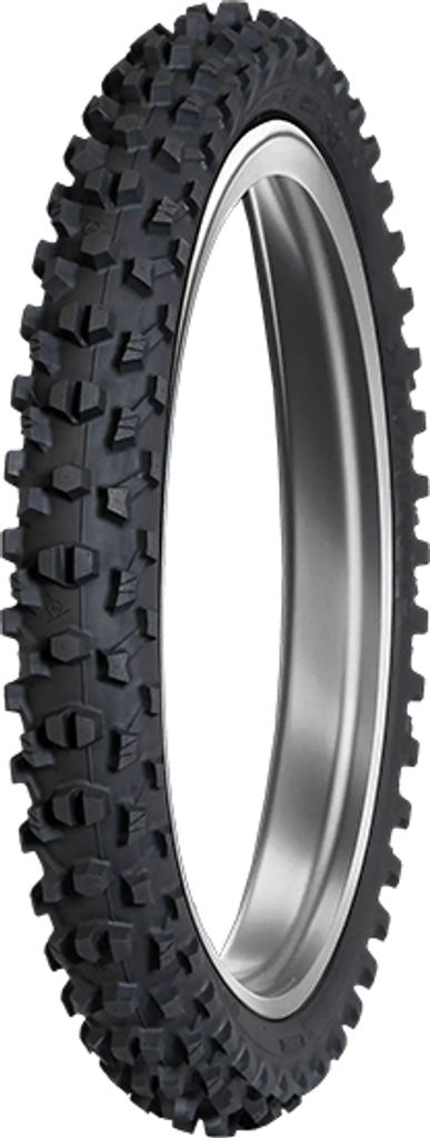 A close-up studio shot of a motorcycle tire mounted on a rim, against a white background.