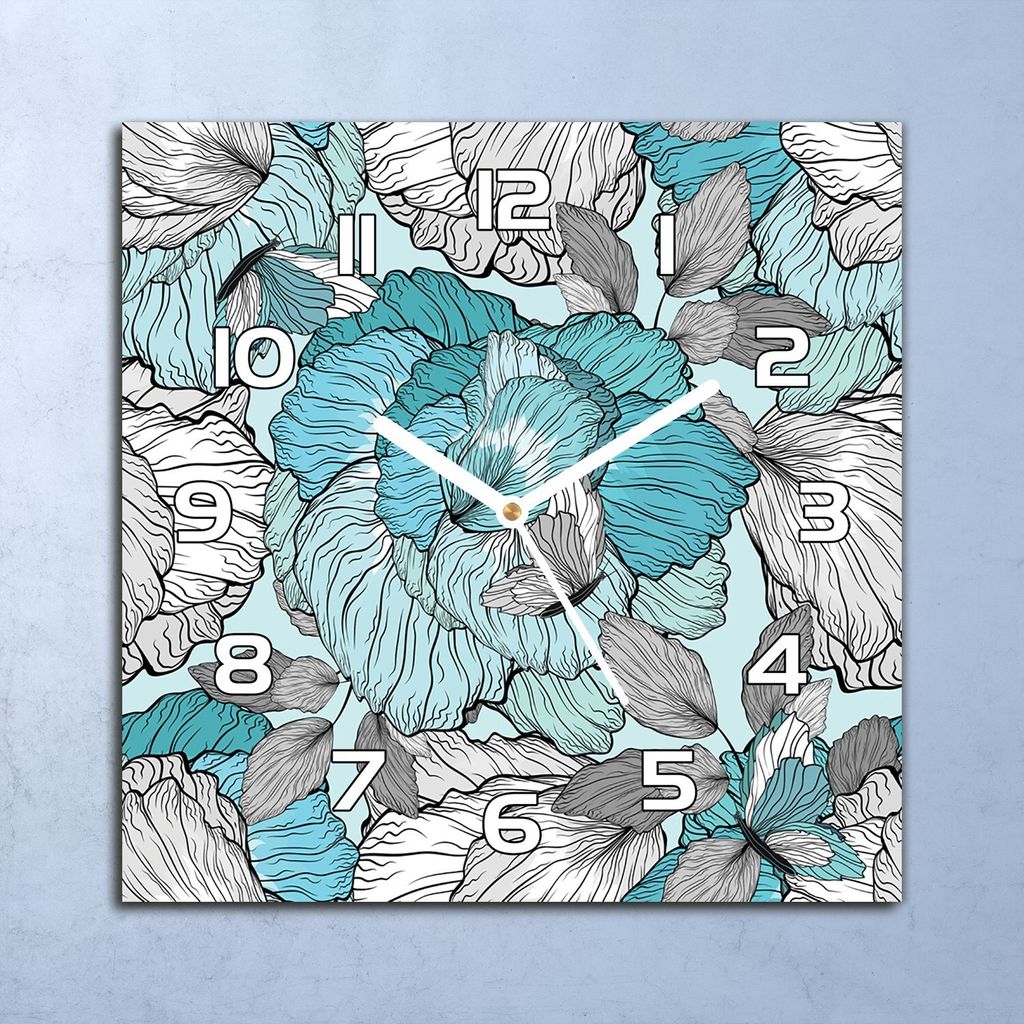 Deko Glasuhr Wanduhr 30x30 Blumen blau grau Quarz Küchenuhr Bürouhr