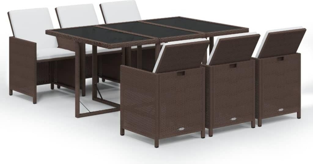 vidaXL 7-tlg. Garten-Essgruppe mit Kissen Poly Rattan Braun
