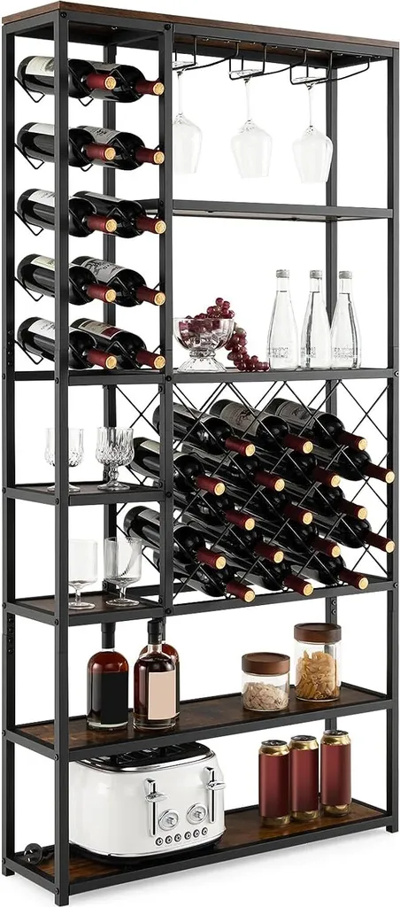 Étagère à vin verticale 27 bouteilles et porte-verre pour salon 166cm