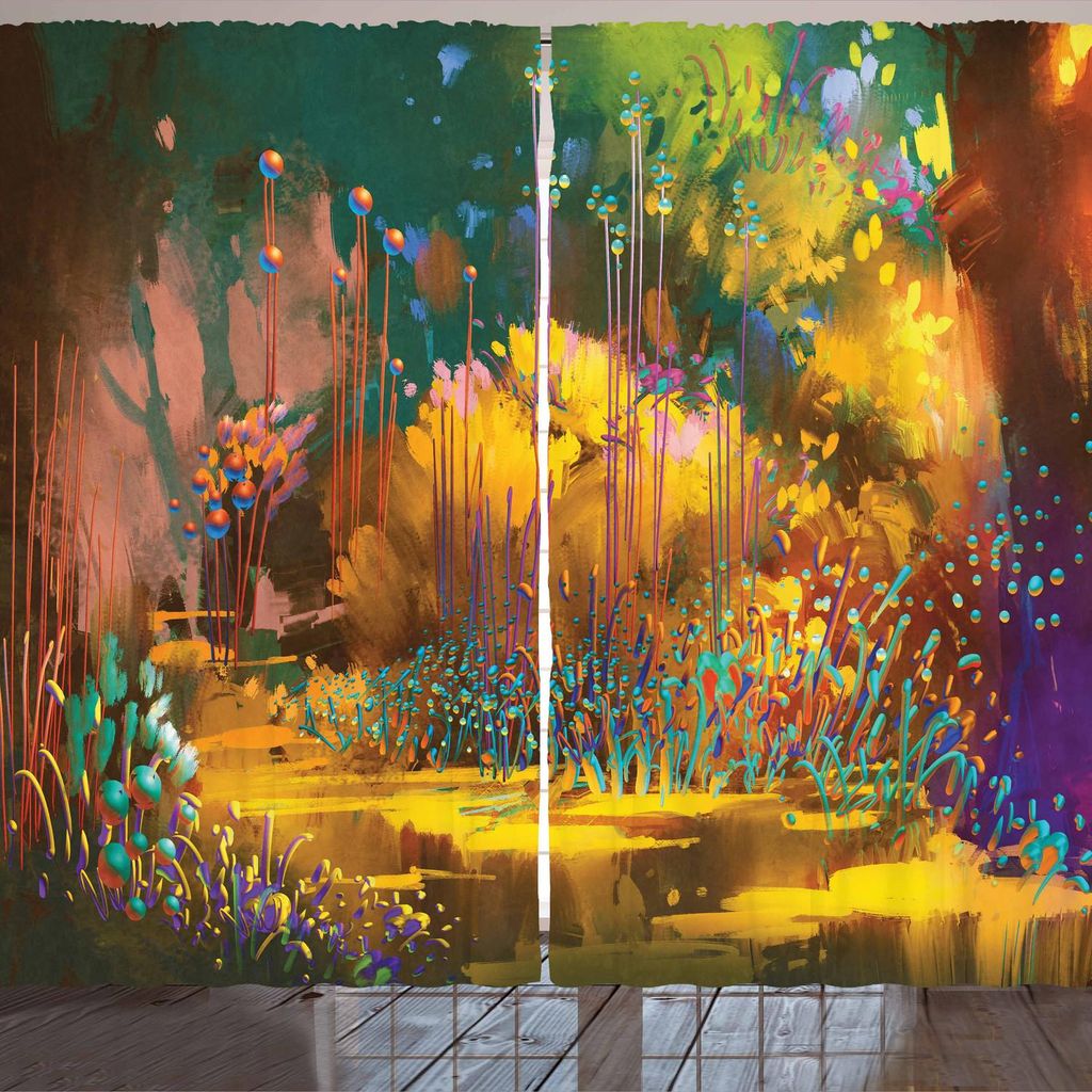 ARANDE Wald Gardine, Fantasy Forest Pathway Hypnotic Stil Jungle Pflanzen mit vibrierenden farbigen Bushlands, 280 x 245 cm, Mehrfarbig