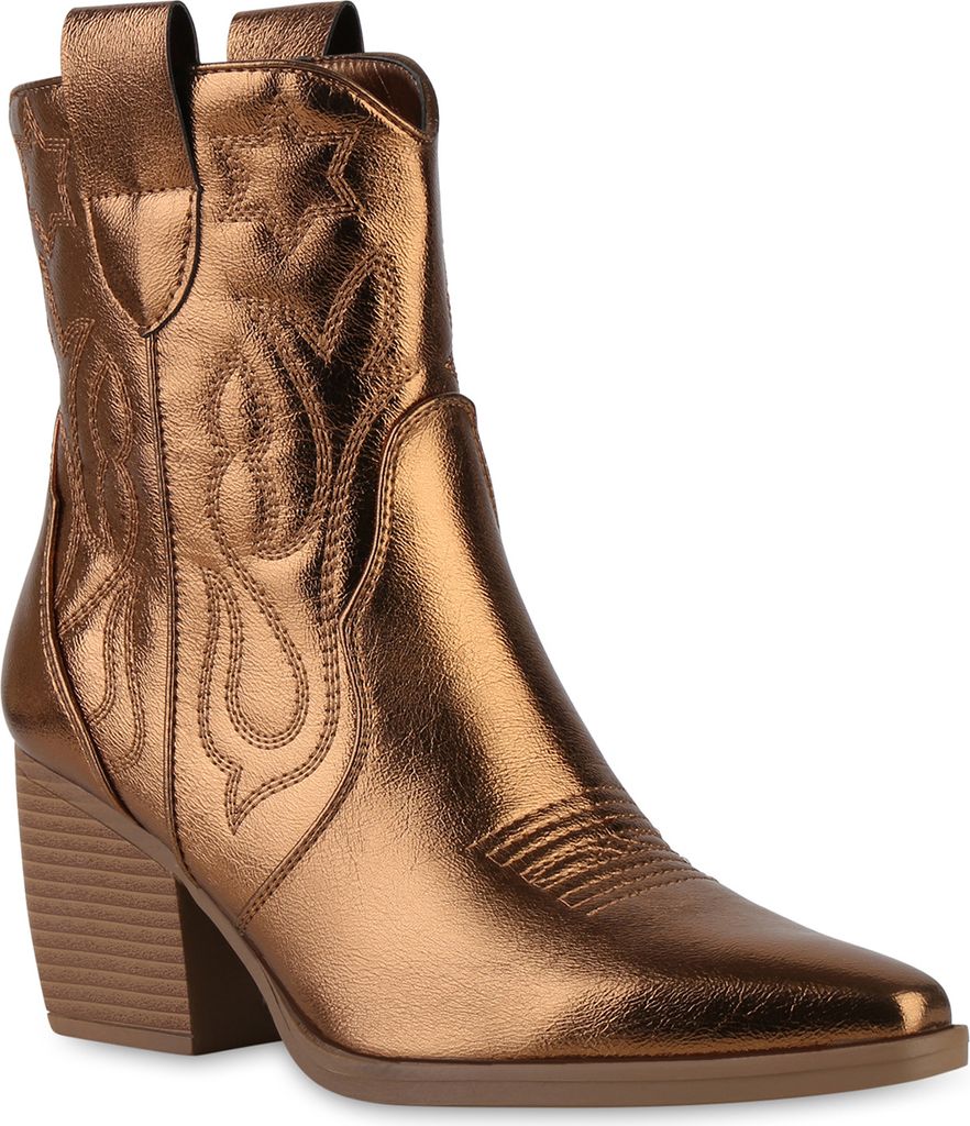 VAN HILL Damen Stiefeletten Cowboy Boots Trichterabsatz Stickereien Schuhe 837779, Farbe: Bronze, Größe: 36