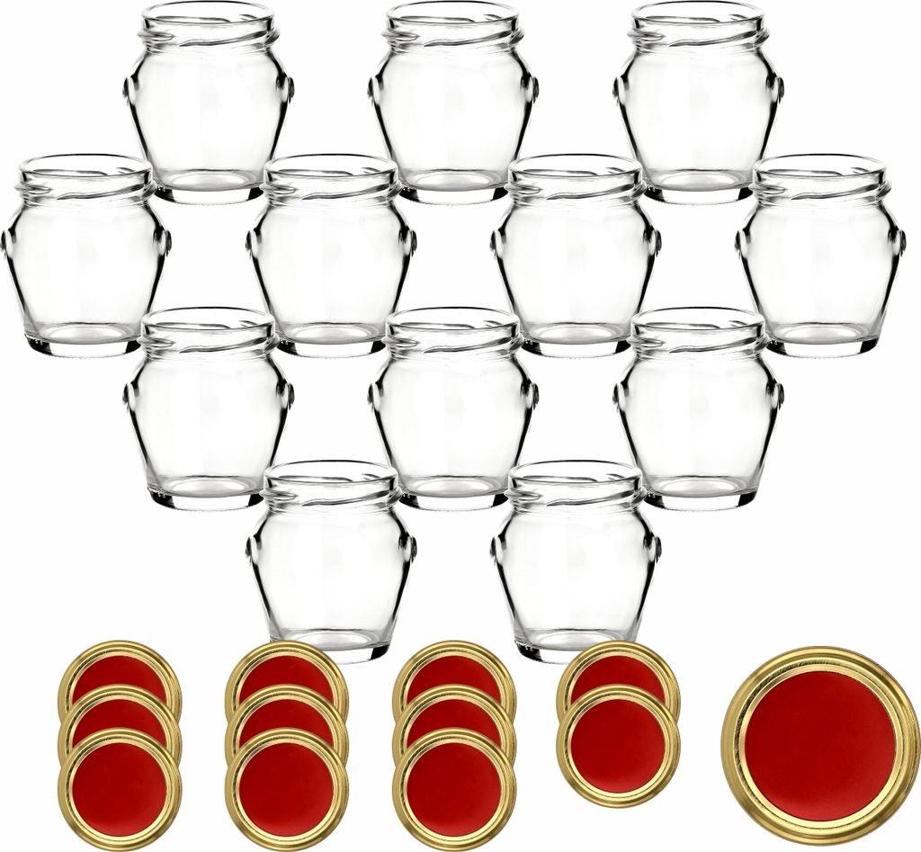 gouveo 12er Set Einmachgläser 106 ml Henkel mit Schraubdeckel rot-gold - Kleines Vorratsglas mit Deckel für Marmelade, Konfitüre, Selbstgemachtes