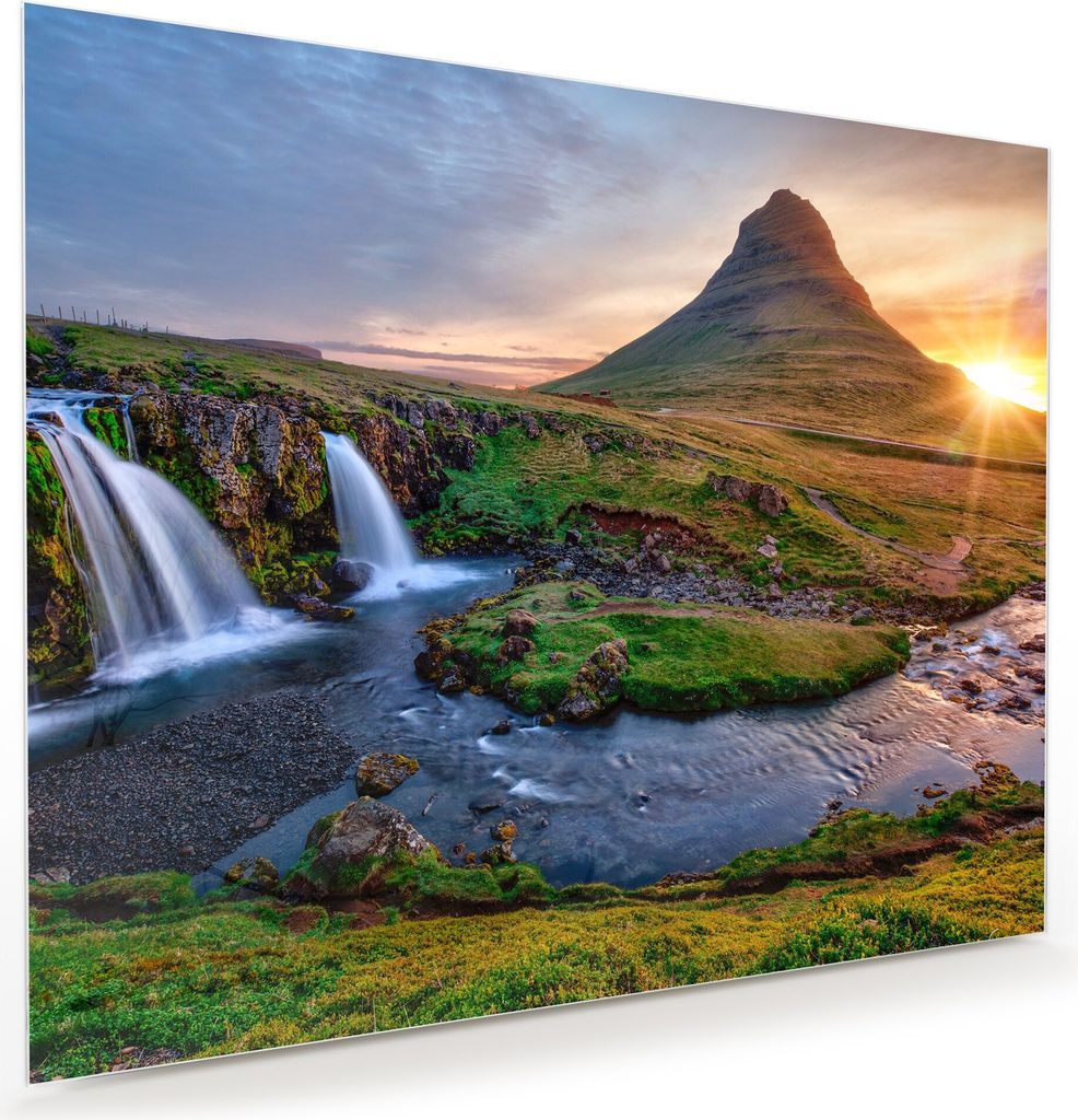 Glasbild Wandbild Landschaft Sonnenaufgang rkjufellsfoss 75x60cm in XXL für Wohnzimmer, Schlafzimmer, Badezimmer, Flur