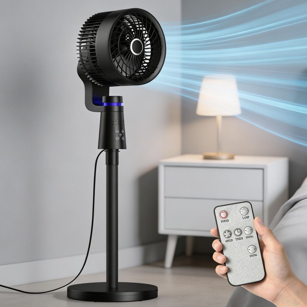 XMTECH Standventilator Schwarz 40W mit Fernbedienung, 3 Stufen, 2-fach Schwenkung, 1–4h Timer, leiser Bodenventilator für Schlafzimmer & Wohnzimmer