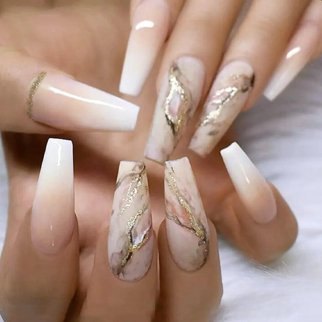 24 Faux Ongles Swirl Gold French Manucure - Forme Ballerine Élégante