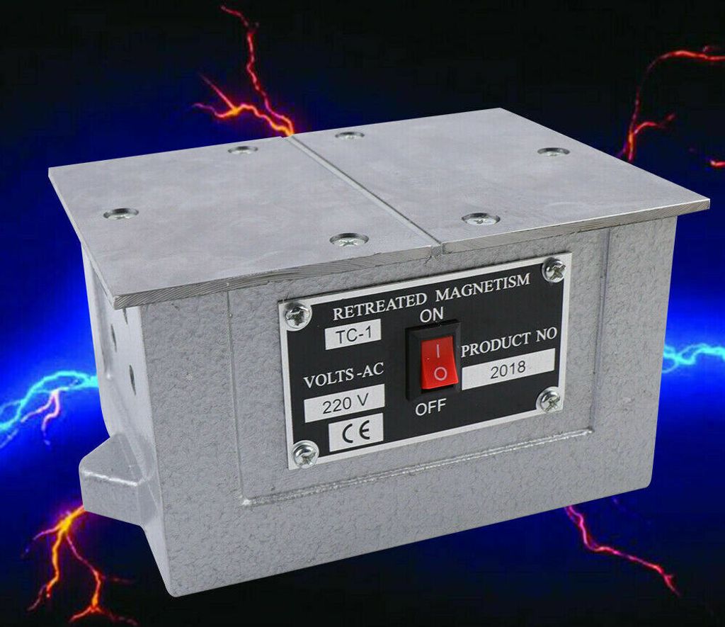 A demagnetizer device with a label showing its specifications and a switch.