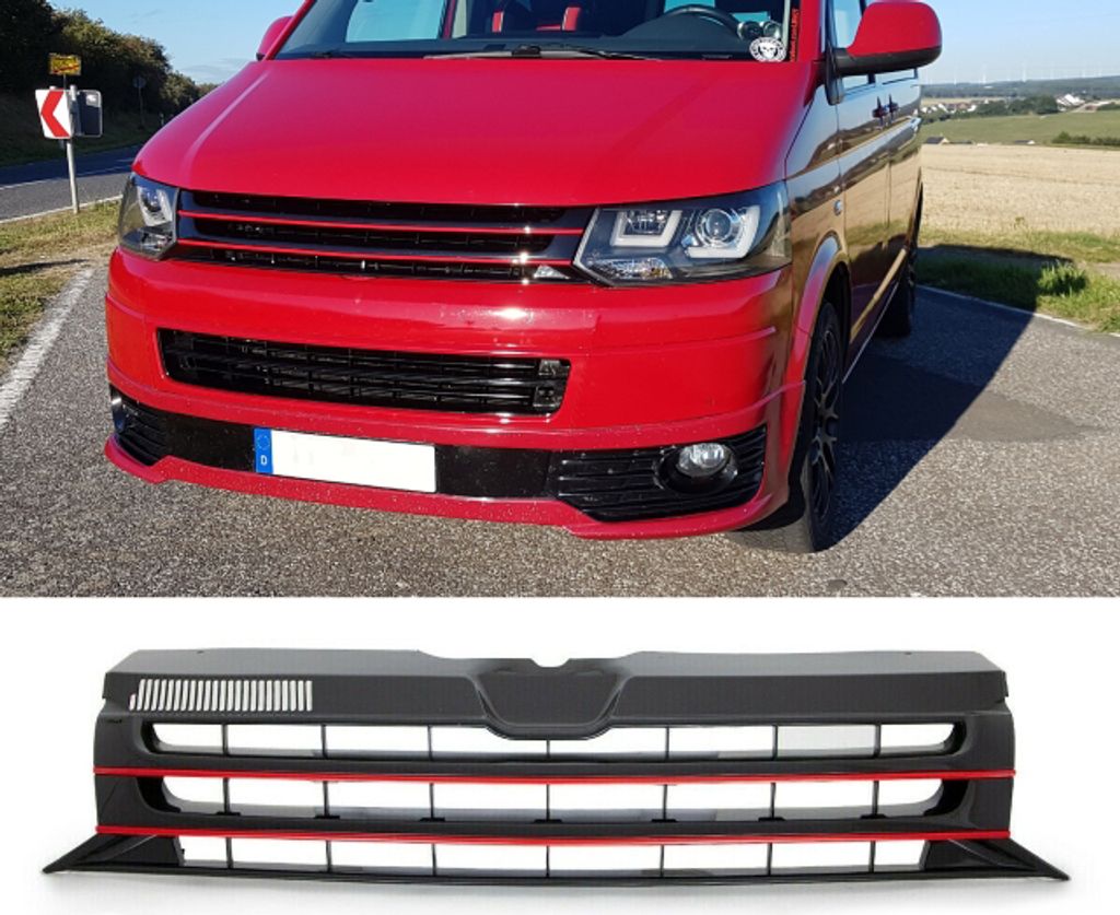 Kühlergrill Grill Clean Schwarz lackiert Leiste Rot für VW T5 GP Facelift 09-15