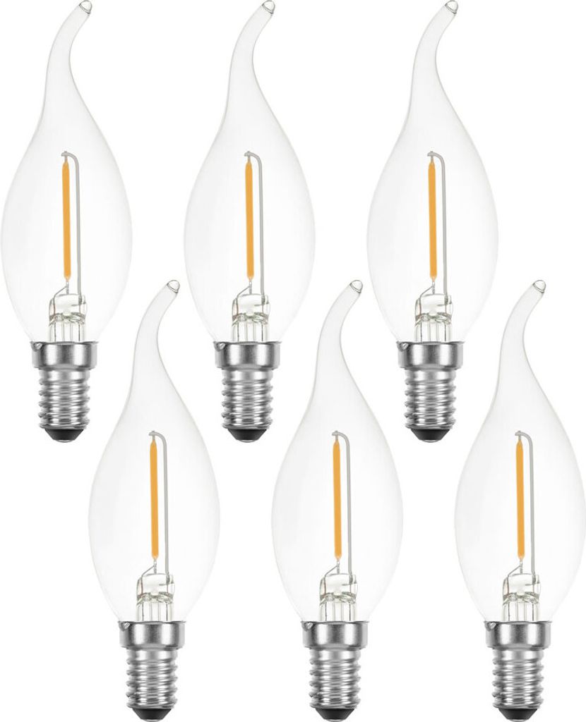 6 x LED Filament Leuchtmittel Windstoß Kerze 1W = 15W E14 klar 822 extra warmweiß 2200K