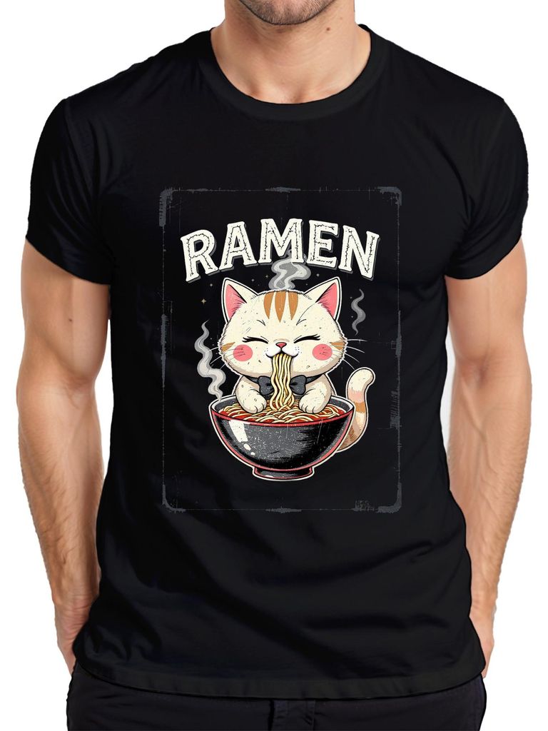 Ramen Katze kawaii Nudeln Schale süß lustig Japan Retro Herren T-Shirt, Schwarz, 3XL