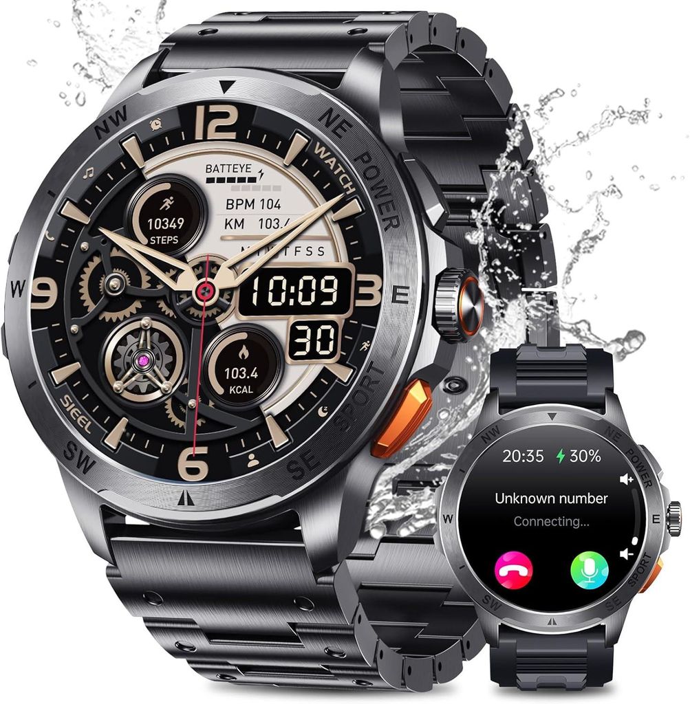 Herren Smartwatch 1.43 Zoll AMOLED Fitness Uhr mit Bluetooth Telefonfunktion 24/7 Herzfrequenz & SpO2 Monitor 100+ Sportmodi IP68 wasserdicht