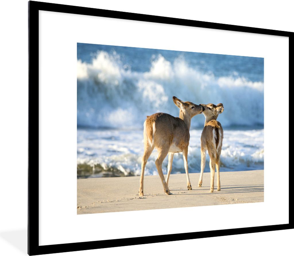 MuchoWow MuchoWow Gerahmtes Poster Hirsche - Meer - Wasser - Sand 80x60 cm - Poster mit zchwarzem Bilderrahmen - Schlafzimmer-Dekorationen - Fo...