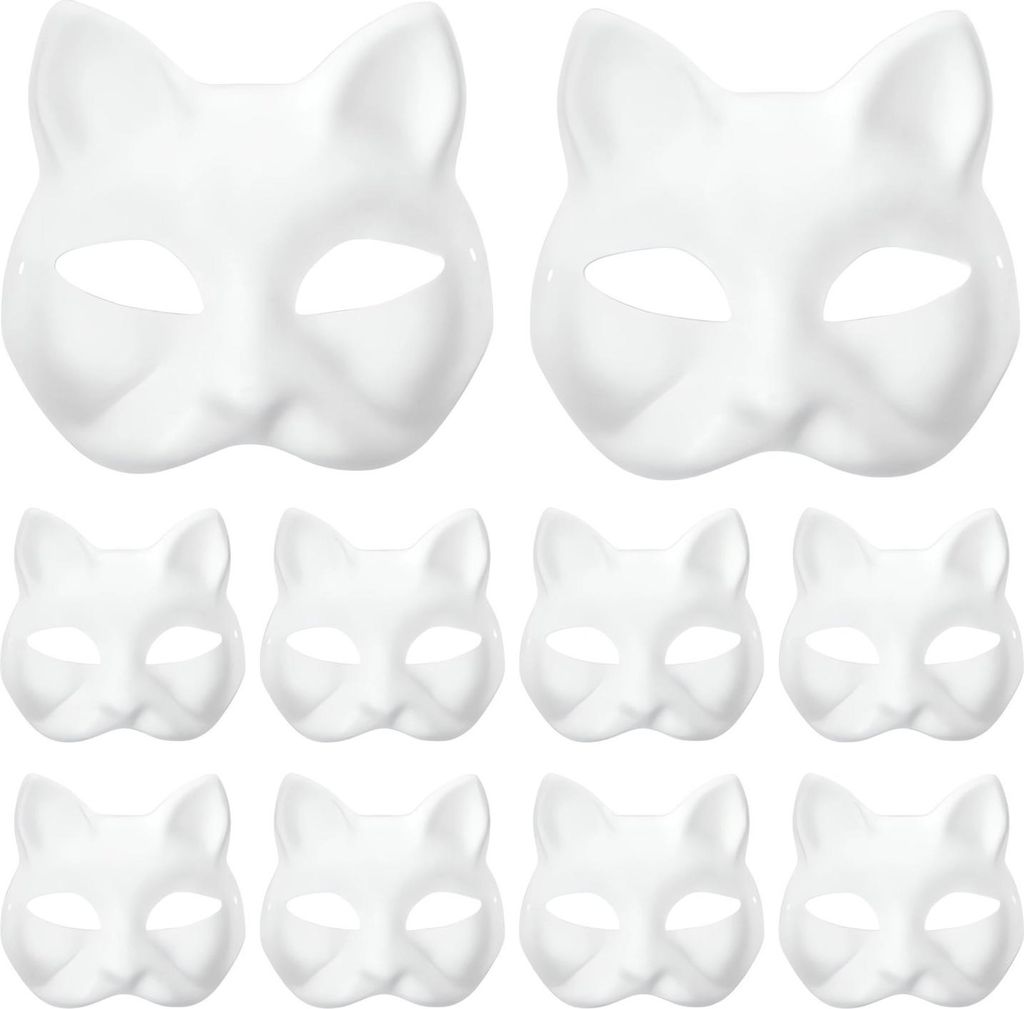 A collection of blank white cat masks.