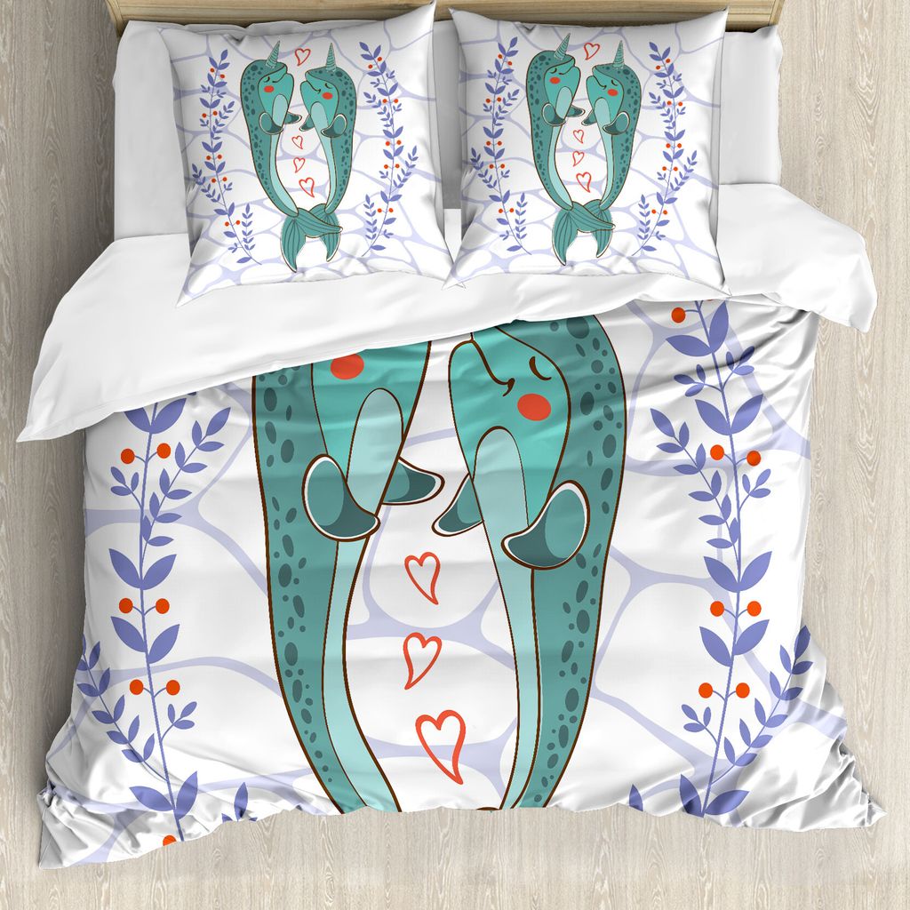 ABAKUHAUS Narwal Bettbezug, Valentinstag Wale, Milbensicher Allergiker geeignet mit Kissenbezügen, 155 cm x 220 cm - 80 x 80 cm, Mehrfarbig