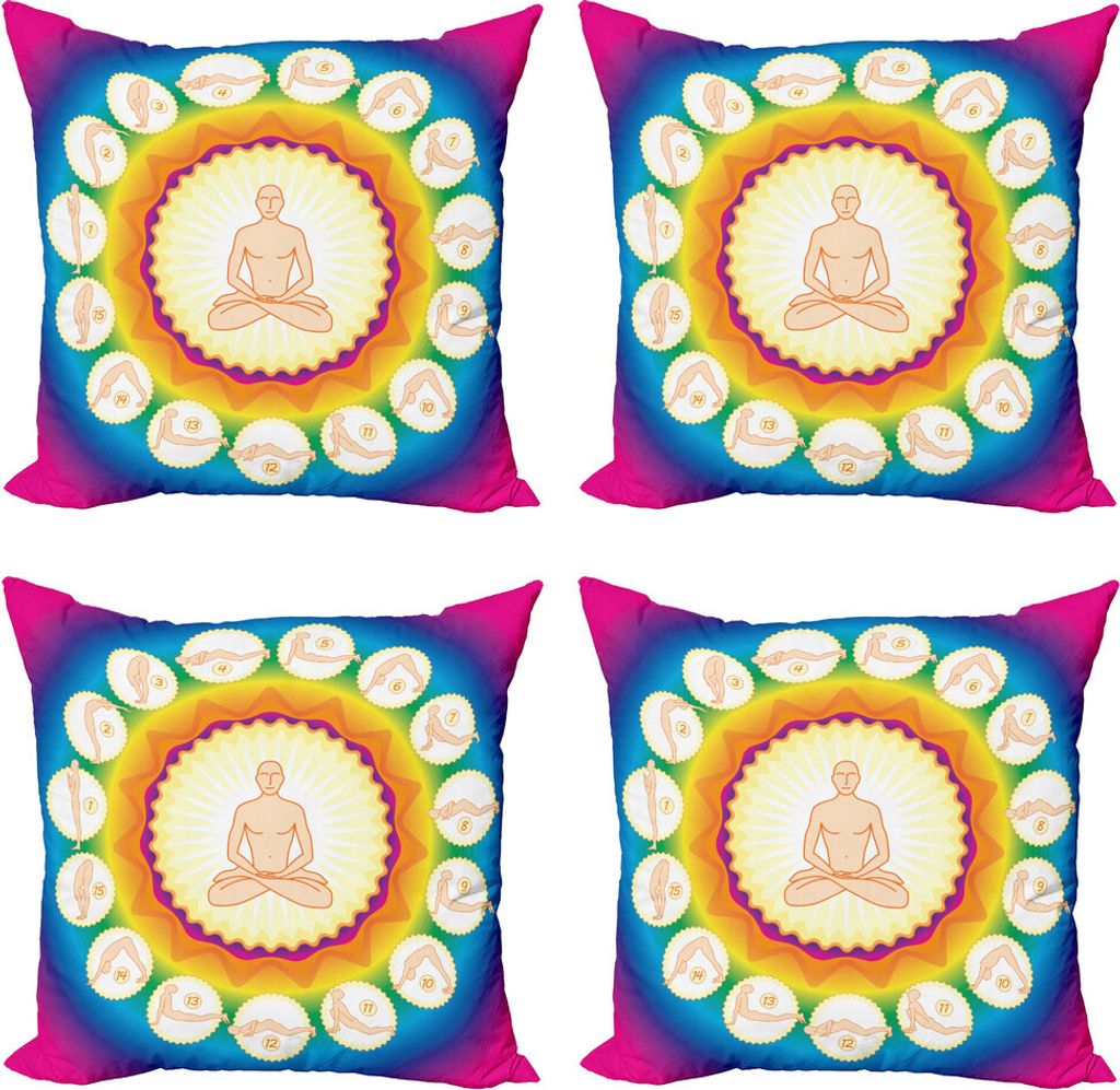 ABAKUHAUS Yoga Kissenbezug Set (4 Stück), Yogi Lotus Posture Poses, Moderner Doppelseitiger Digitaldruck, 60 cm x 60 cm, Mehrfarbig