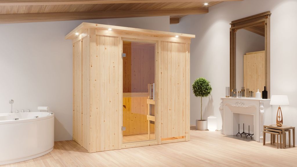 Karibu Sauna Innensauna Variado Fronteinstieg Ofen 9 kW integr. Strg 210x132x202 cm mit Dachkranz mit Klarglastür