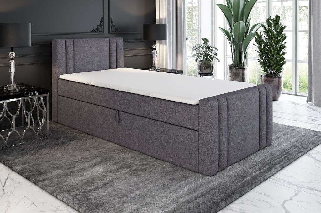 Boxspringbett, Jugendbett KLAUS 100x200 (Rechts) mit Bettkästen, Bonell-Matratze und Topper. Farbe: Grau.