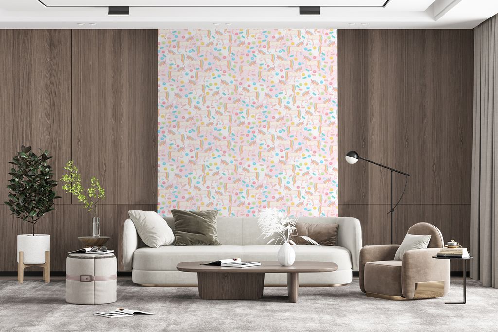 MuchoWow Fototapete für Wohnzimmer oder Schlafzimmer Wandtapete Vinyl Motivtapete Einhorn - Bonbon - Regenbogen - 190x260 cm - Papiertapete