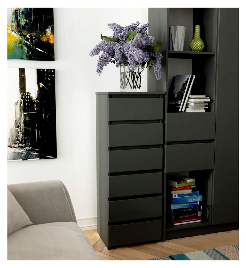 Kommode 40 cm 6 Schubladen Schrank für das Wohnzimmer und Schlafzimmer B40 x H109 x T35 cm Gewicht 25,5 kg (Grau)