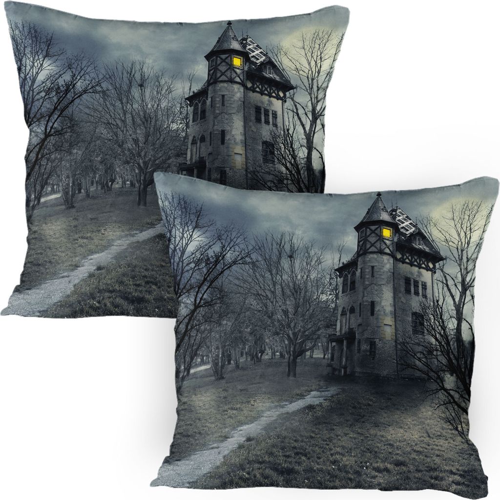 ABAKUHAUS Halloween Kissenbezug Packung mit 2, Halloween-Design mit gotischen Spukhaus-dunklen Himmel und blattlosen Bäumen Spuk-Thema, Dekorative...