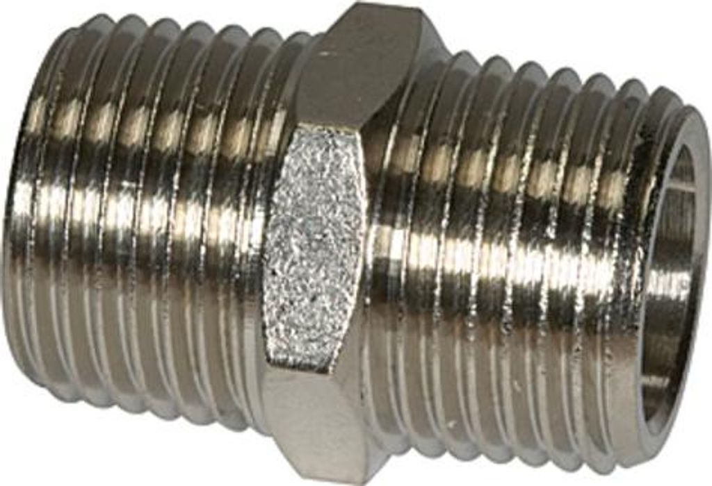 Riegler Doppelgewindenippel R 1/2 a., R 1/2 a., SW 27, Messing vernickelt