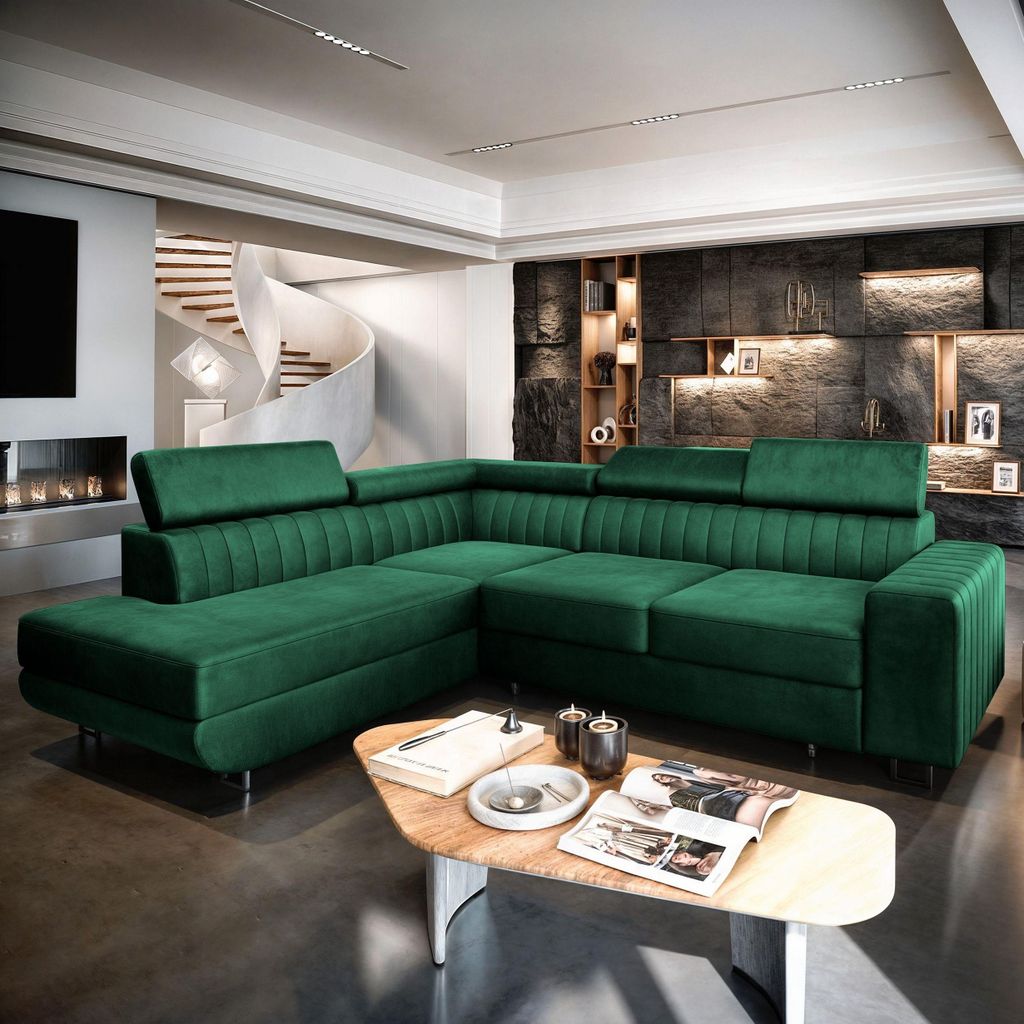 Masseno Ecksofa NOLA L-S mit Schlaffunktion L-Form, Sofa mit Bettkasten, Wohnzimmersofa, Couch, Soffa, Bettsofa, Couchgarnitur- Grün, MONOLITH 37