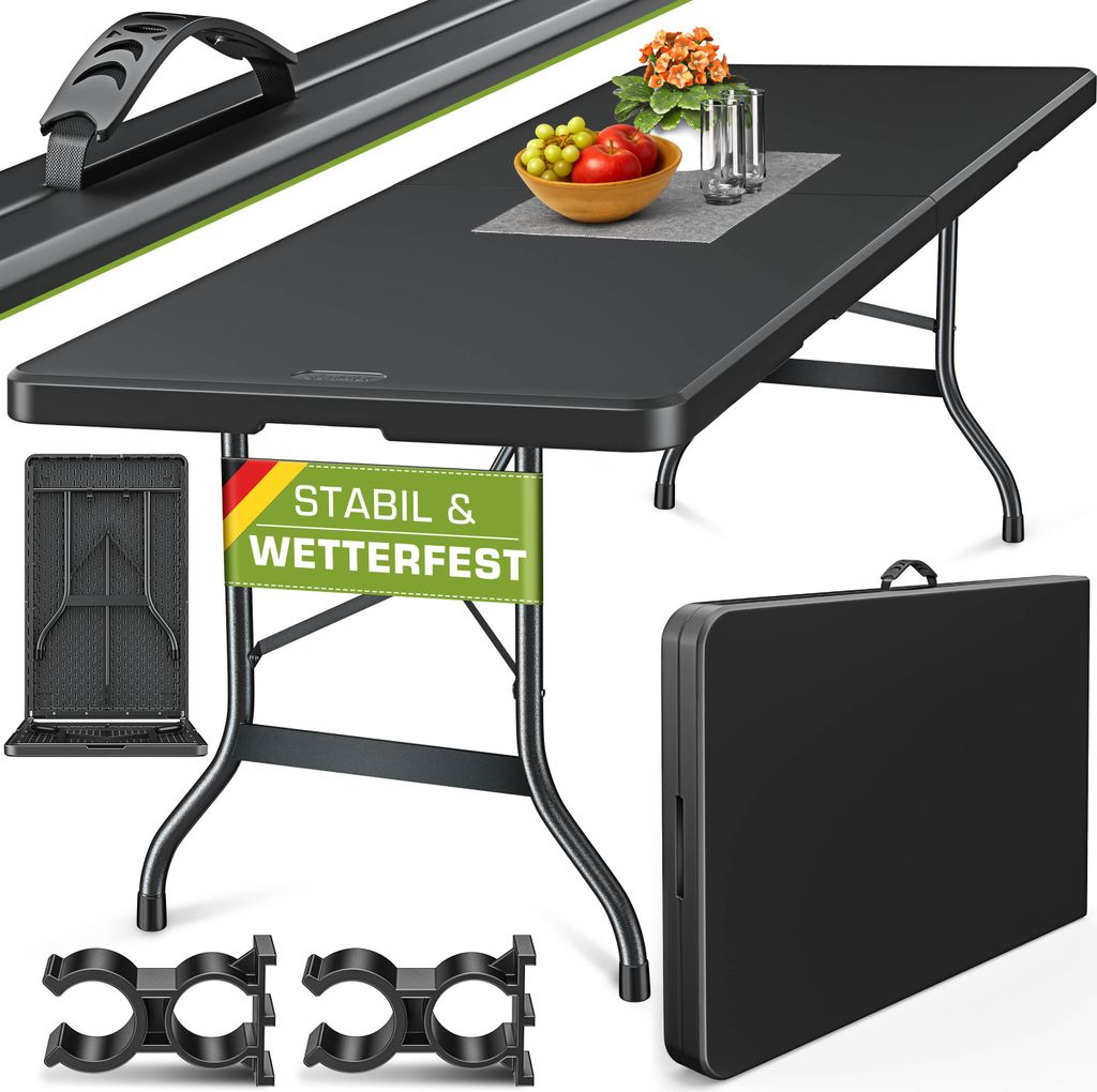 tillvex Gartentisch 220x70cm klappbar Schwarz Kunststoff | Buffettisch mit Tragegriff | Klapptisch für Garten Terrasse und Balkon | Campingtisch 1...