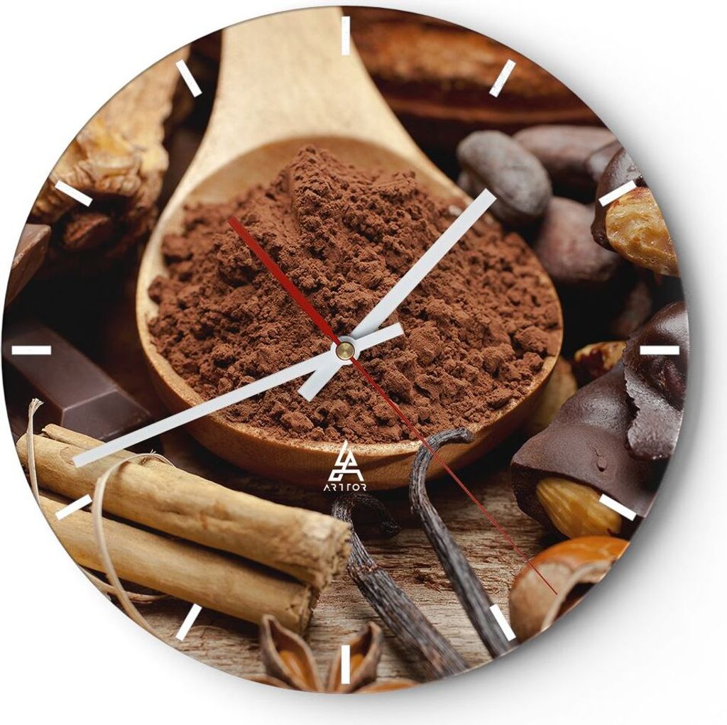Wanduhr - Rund - Glasuhr - Trinken gastronomie kakao schokolade - 30x30cm - Schleichendes Uhrwerk - Lautlos - zum Aufhängen bereit - Dekoration Mo...