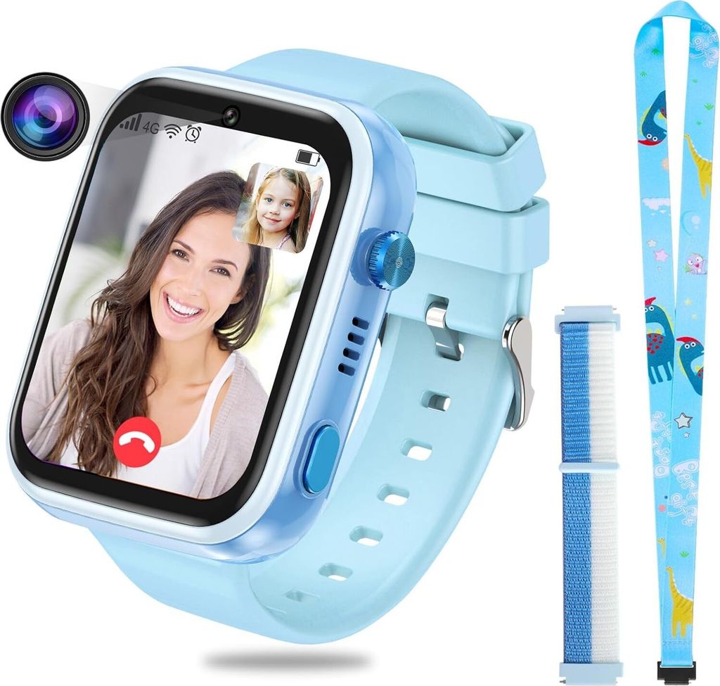 Okyuk 4G Kinder-Smartwatch T45 Blau, GPS, Wi-Fi, Zwei-Wege-Anruf, SOS, Bildkompetenz, wasserdicht, Touchscreen 4-12 Jahre